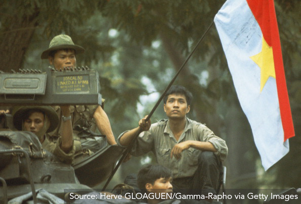 Viet Cong soldiers waving NLF flag