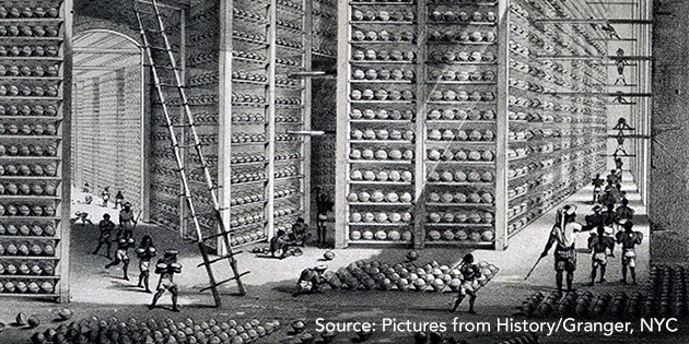 Image 1: A “stacking room” in an opium factory in Patna, India. On the shelves are balls of opium that were part of Britain’s trade with China.